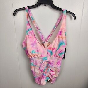 California Waves Tankini Top 22/24 Multicolor‎ Pink Ruched Adjustable NWT